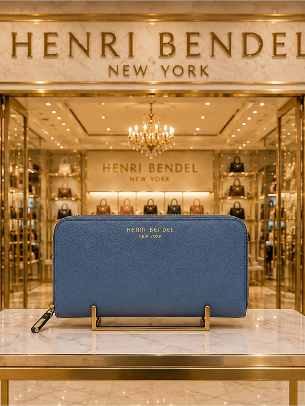 henri bendel Blue Zip-Around Saffiano Leather Wallet with Gold Logo